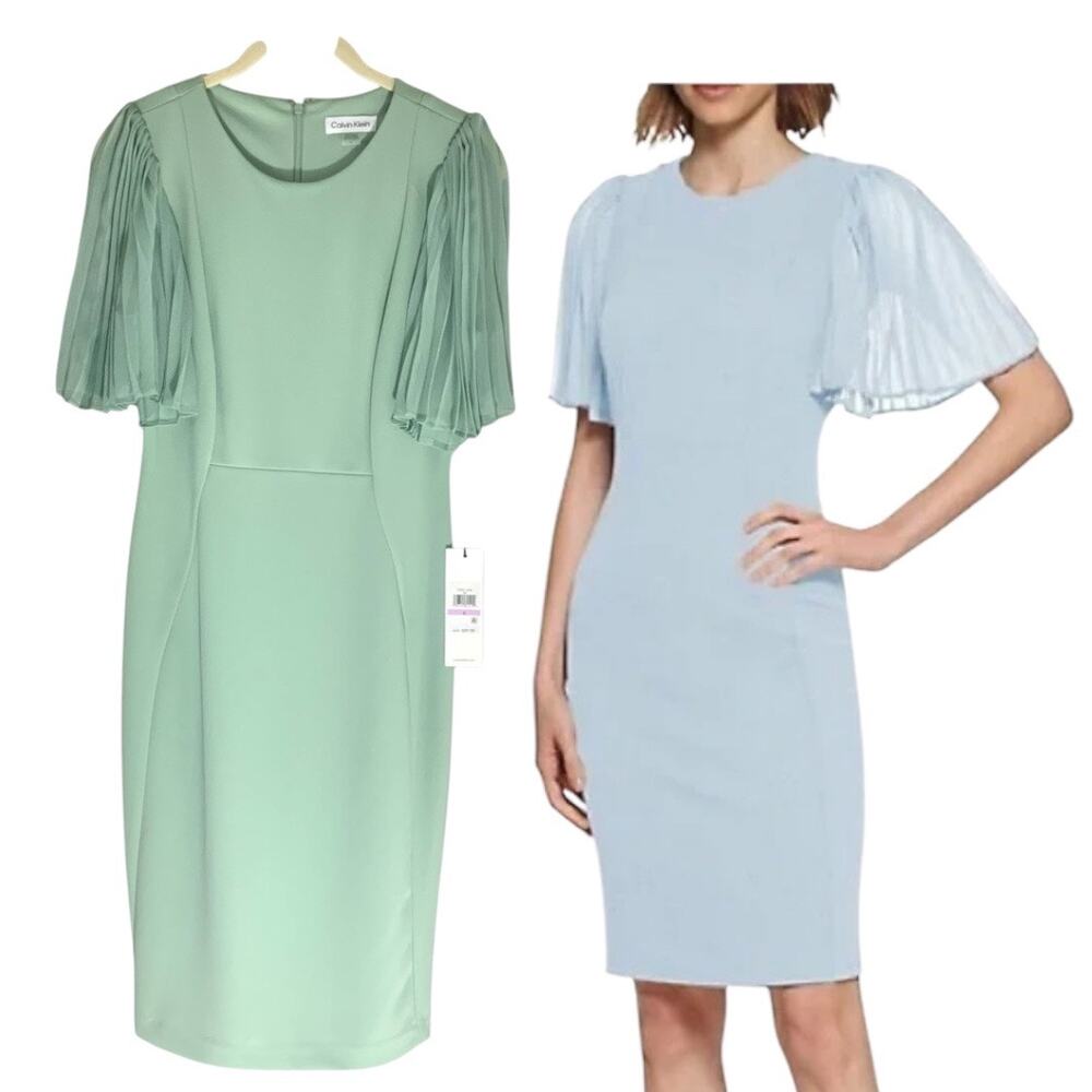 Calvin Klein Flutter Pleated‎ Sleeve Sheath Dress in soft grees sz 6 NWT